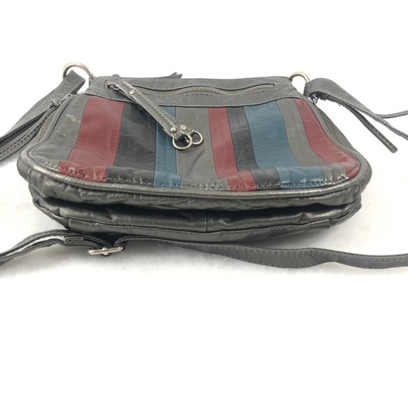 Vegan Crossbody Handbag Multi Pockets Muted Gold Metallic Burgundy Blue Striped - Picture 7 of 13